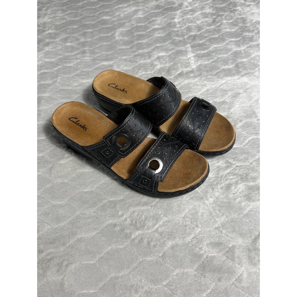 Clarks Womens Black Leather Perforated Slide Sandals Wedge Heel 9M 26065748